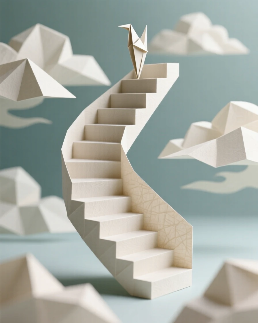 A staircase spiraling upward through the clouds with no visible beginning or end.