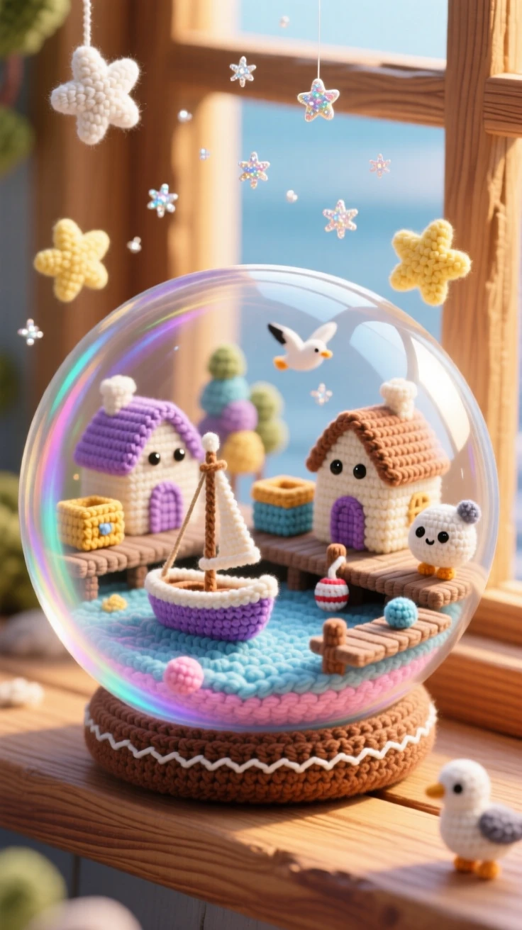 a miniature harbor town built inside a giant glass marble, glowing with swirling colors, resting on a wooden windowsill, resting on a warm sunlit windowsill, with a scattering of stardust in the air, evoking playful imagination brought to life.