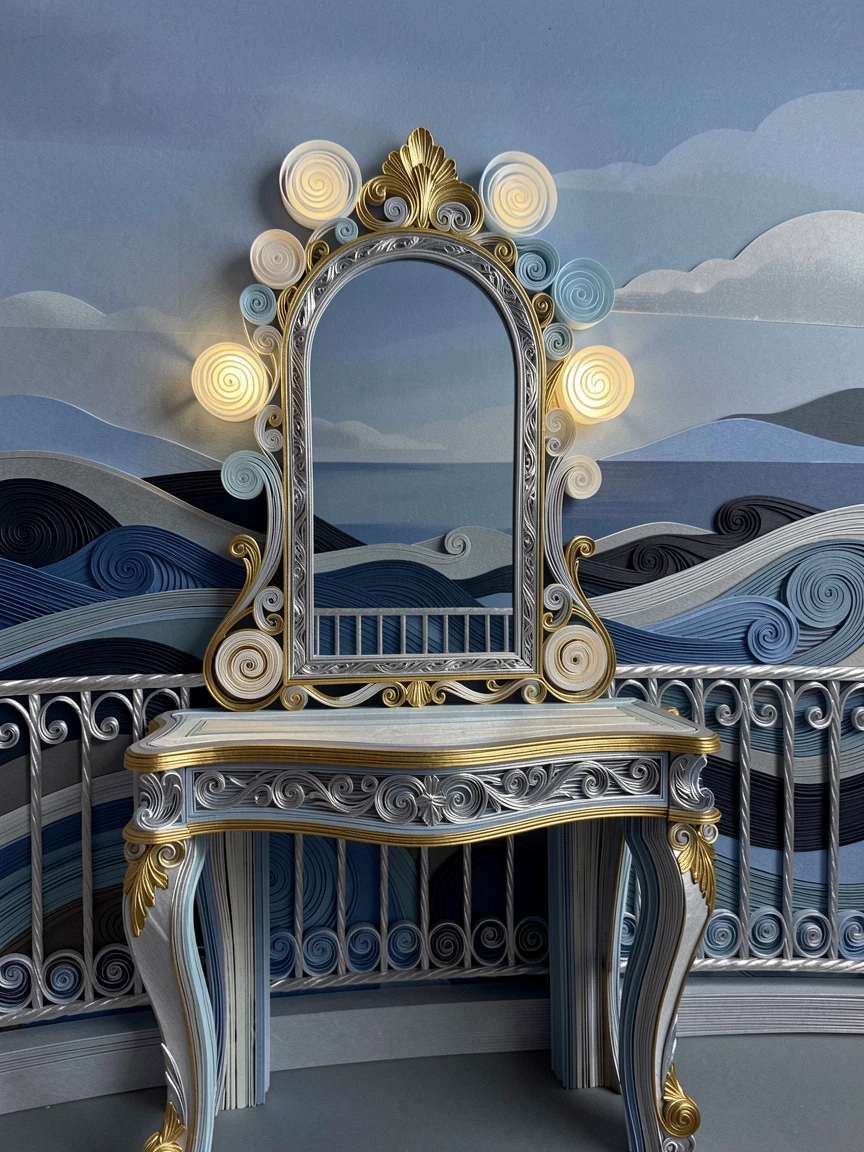 A sophisticated luxury scene of a gold-trimmed vanity mirror surrounded by soft lights on a private terrace overlooking the Mediterranean, in cool platinum and silver tones, composed with dramatic, moody lighting.