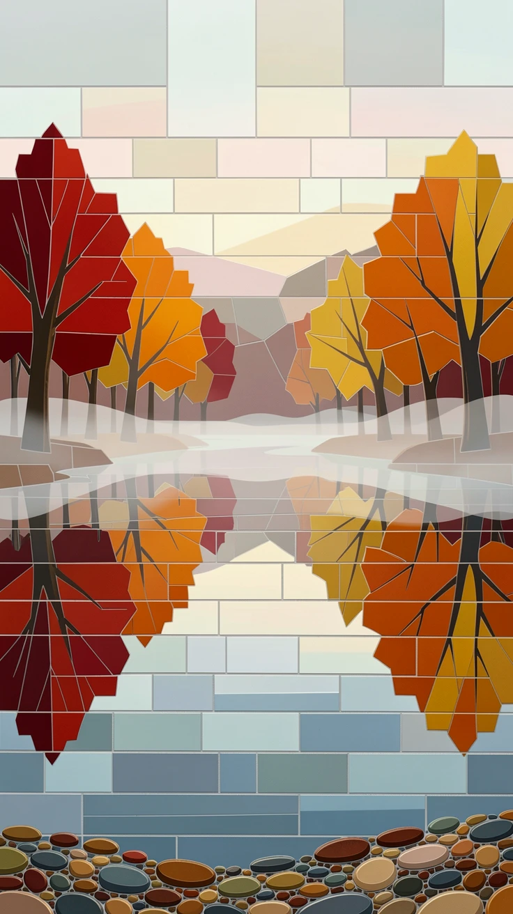 A peaceful lake surrounded by autumn-colored trees mirrored in the water, under a soft blanket of morning fog.
