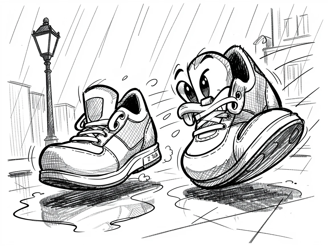 A pair of shoes racing each other down a sidewalk on a rainy city sidewalk.