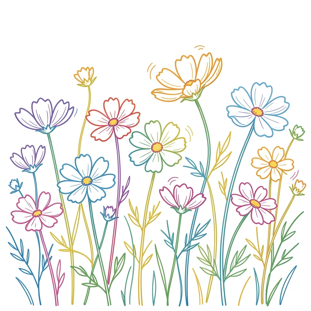A field of wild cosmos flowers swaying in a gentle afternoon breeze.