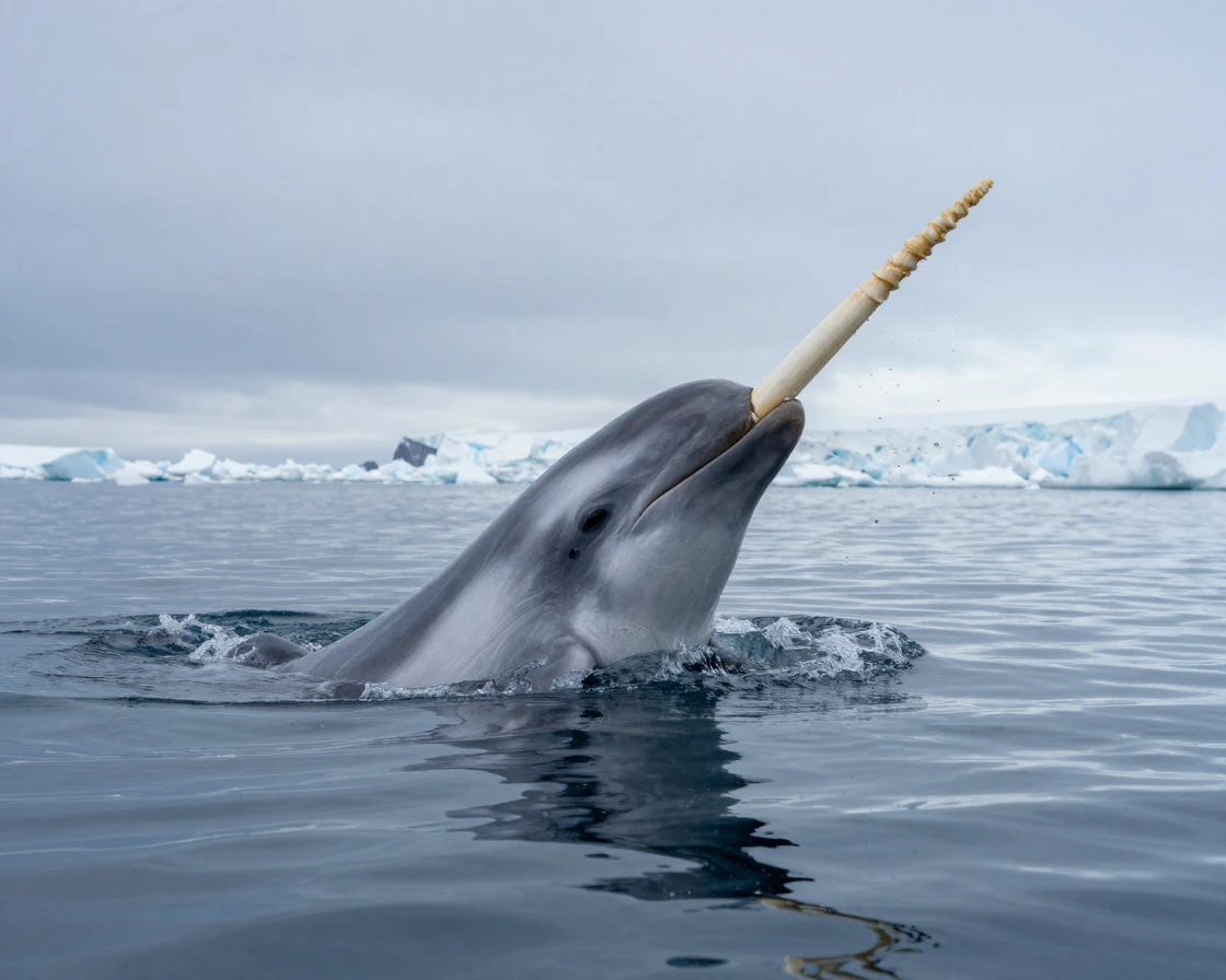 A narwhal surfacing with its spiraled tusk visible