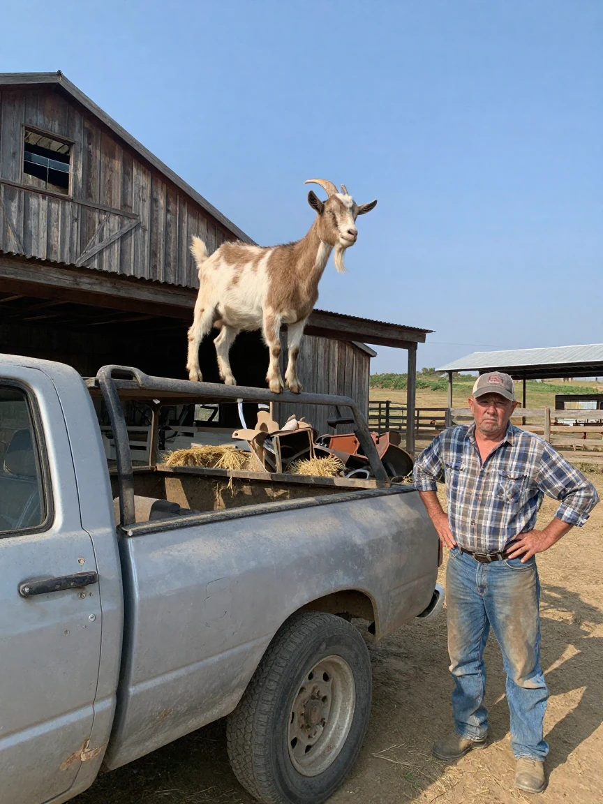 A goat balances on top of a parked car in a farmyard, much to the owner's dismay.