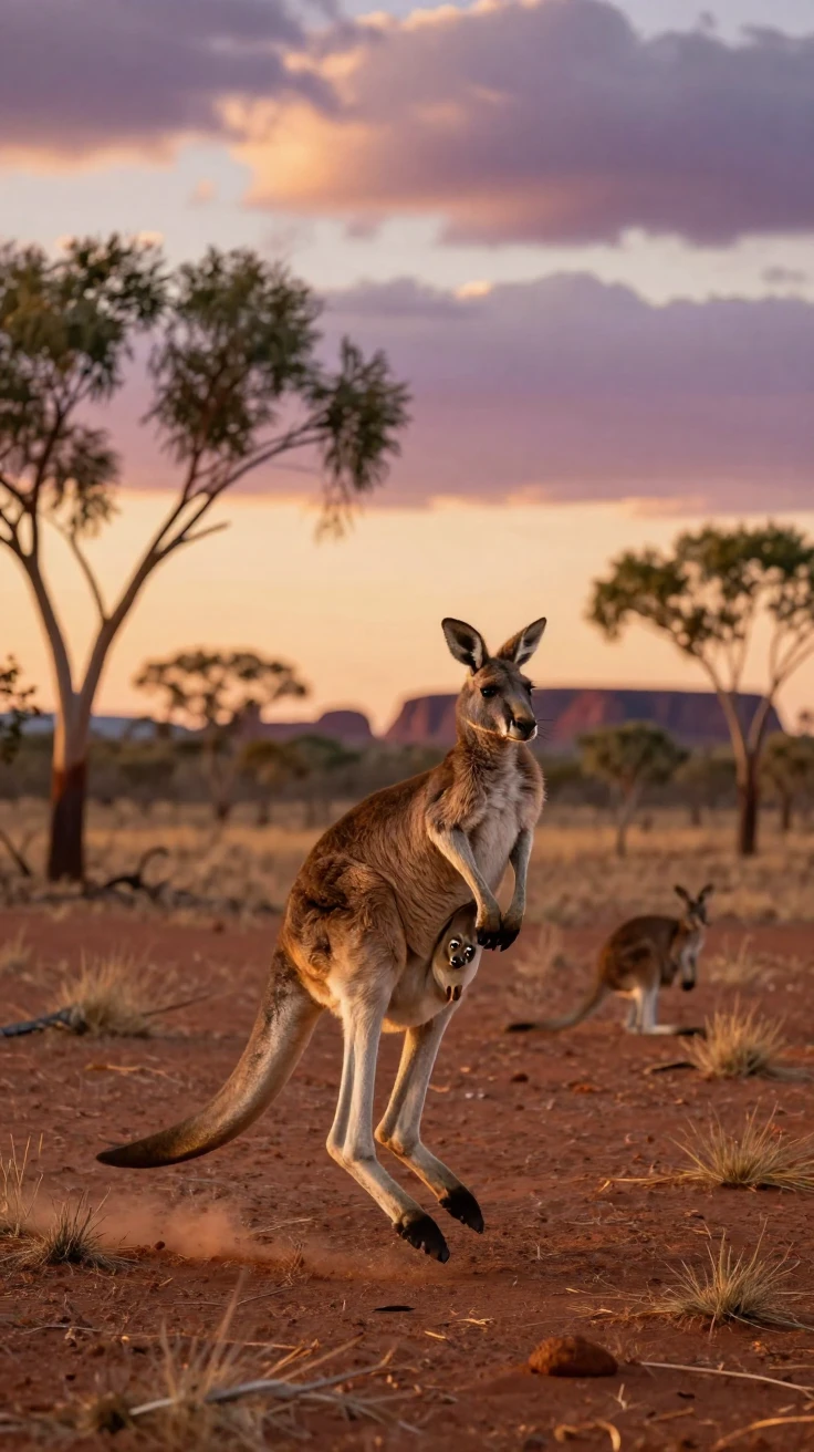 A mother kangaroo hopping across the outback with a joey peeking from her pouch
