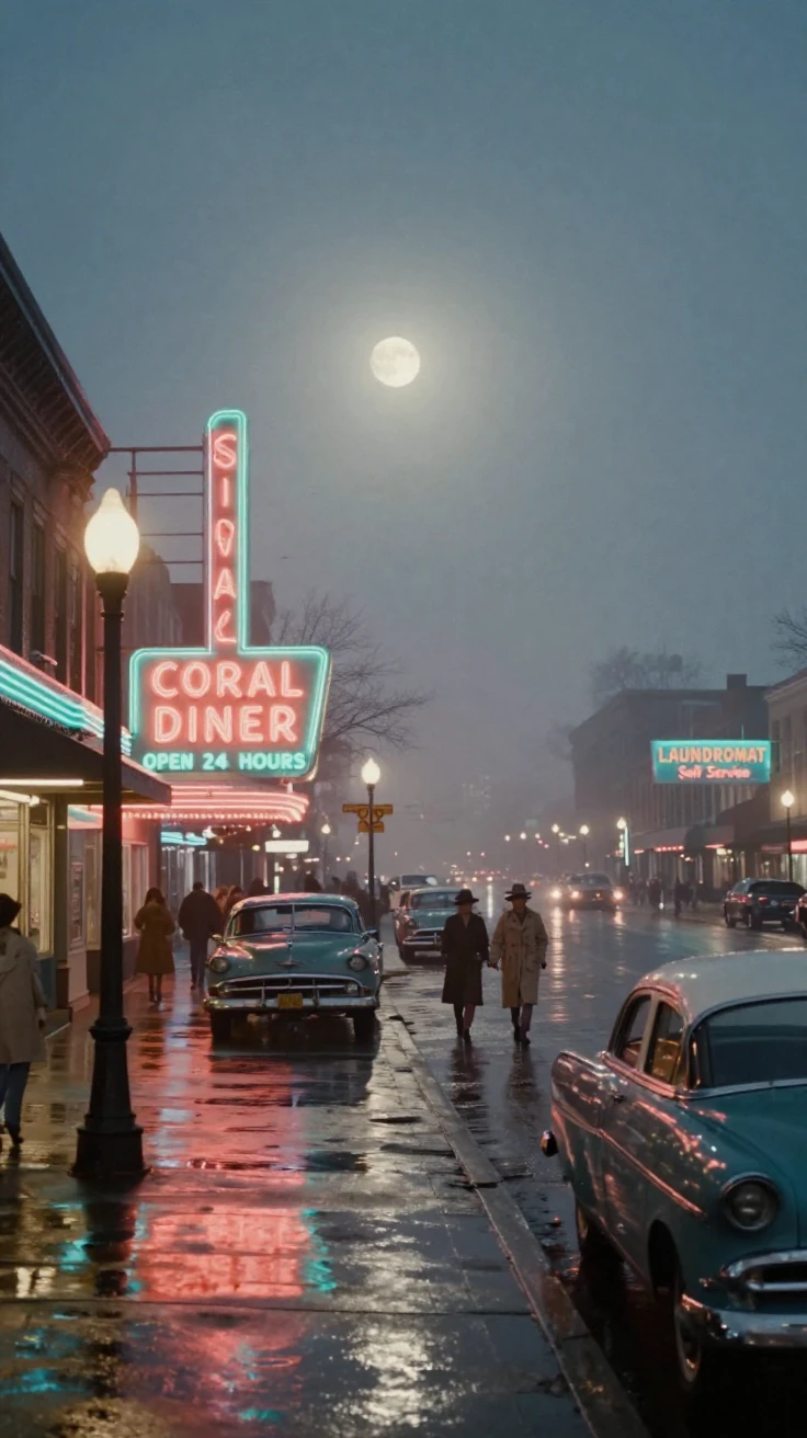A city street glistening under rain and glowing neon signs, under a full moon, in thick rolling fog, in early spring, in vivid coral and turquoise hues, from a slightly elevated vantage point.