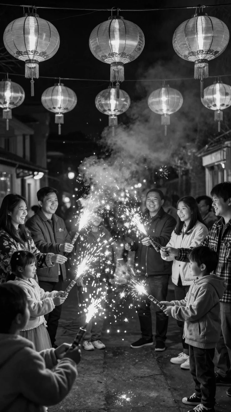 A group celebrating Lunar New Year sets off strings of firecrackers beneath red paper lanterns.