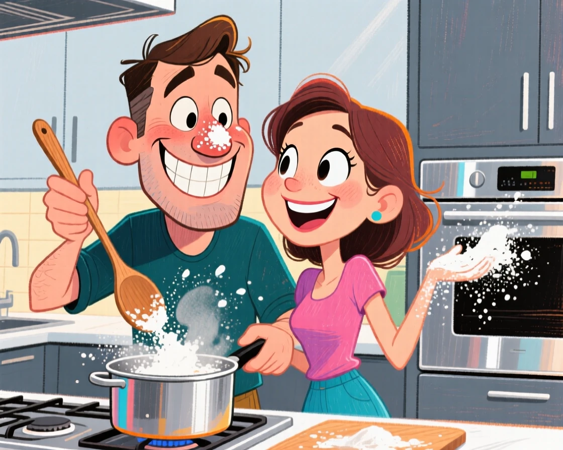 A couple cooking together in a stylish modern kitchen, flour dusted playfully on their noses.