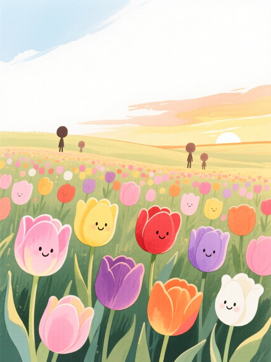 A serene landscape of a field of tulips in every color under a bright sky at golden sunset