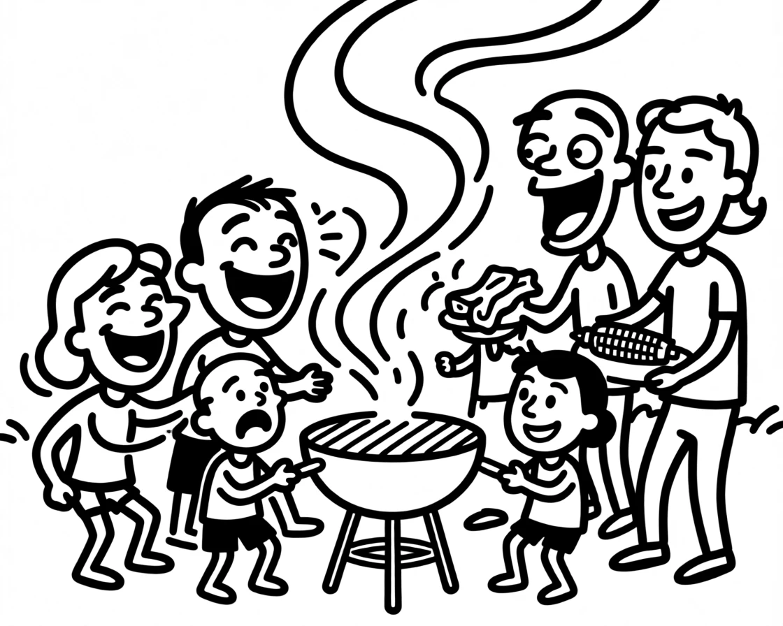 A family enjoying a Sunday barbecue with smoky ribs and corn on the cob.