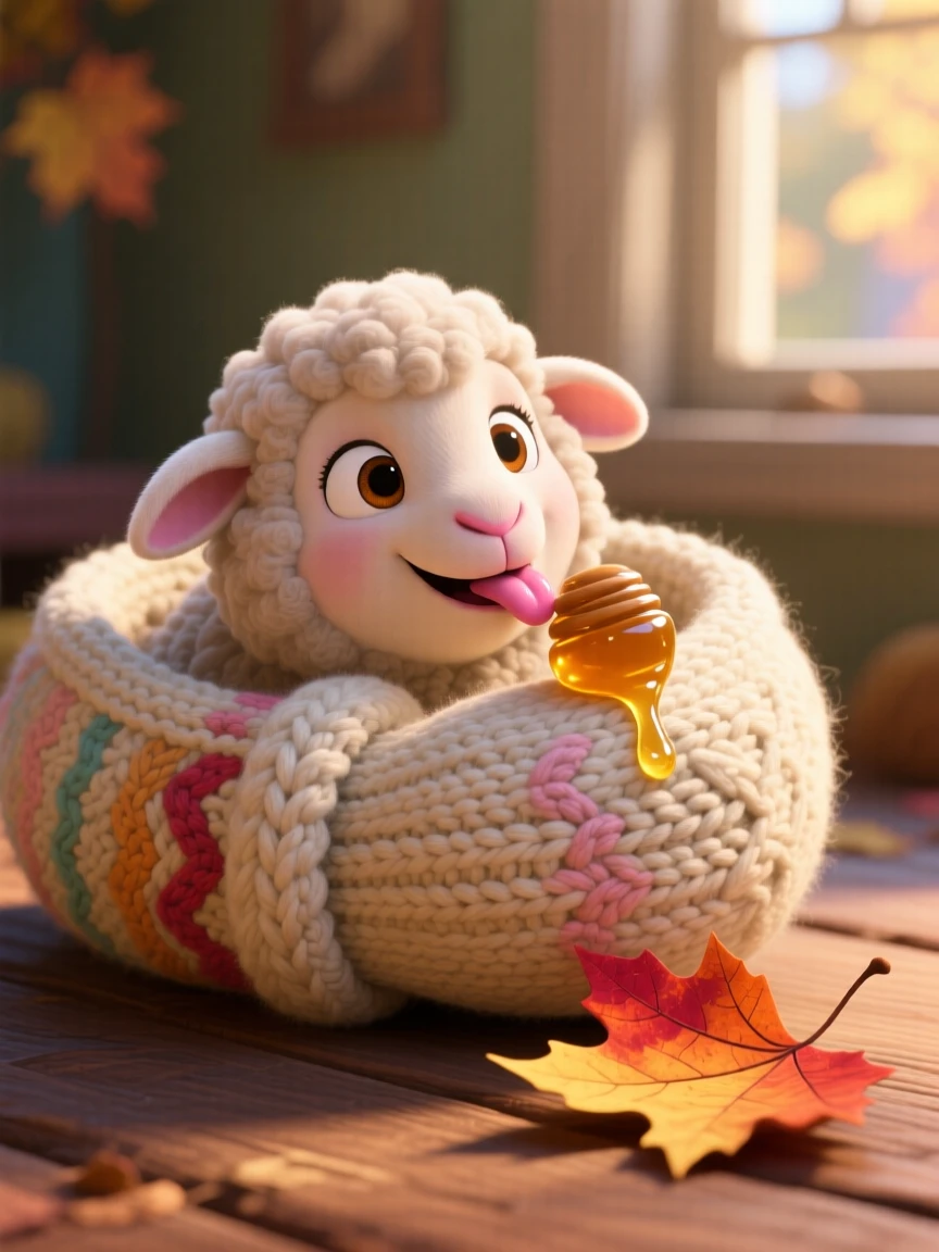 A fluffy lamb is tucked inside a knitted mitten, licking a drop of honey off its nose. The scene feels warm and heartwarming, with a single fallen leaf beside it.