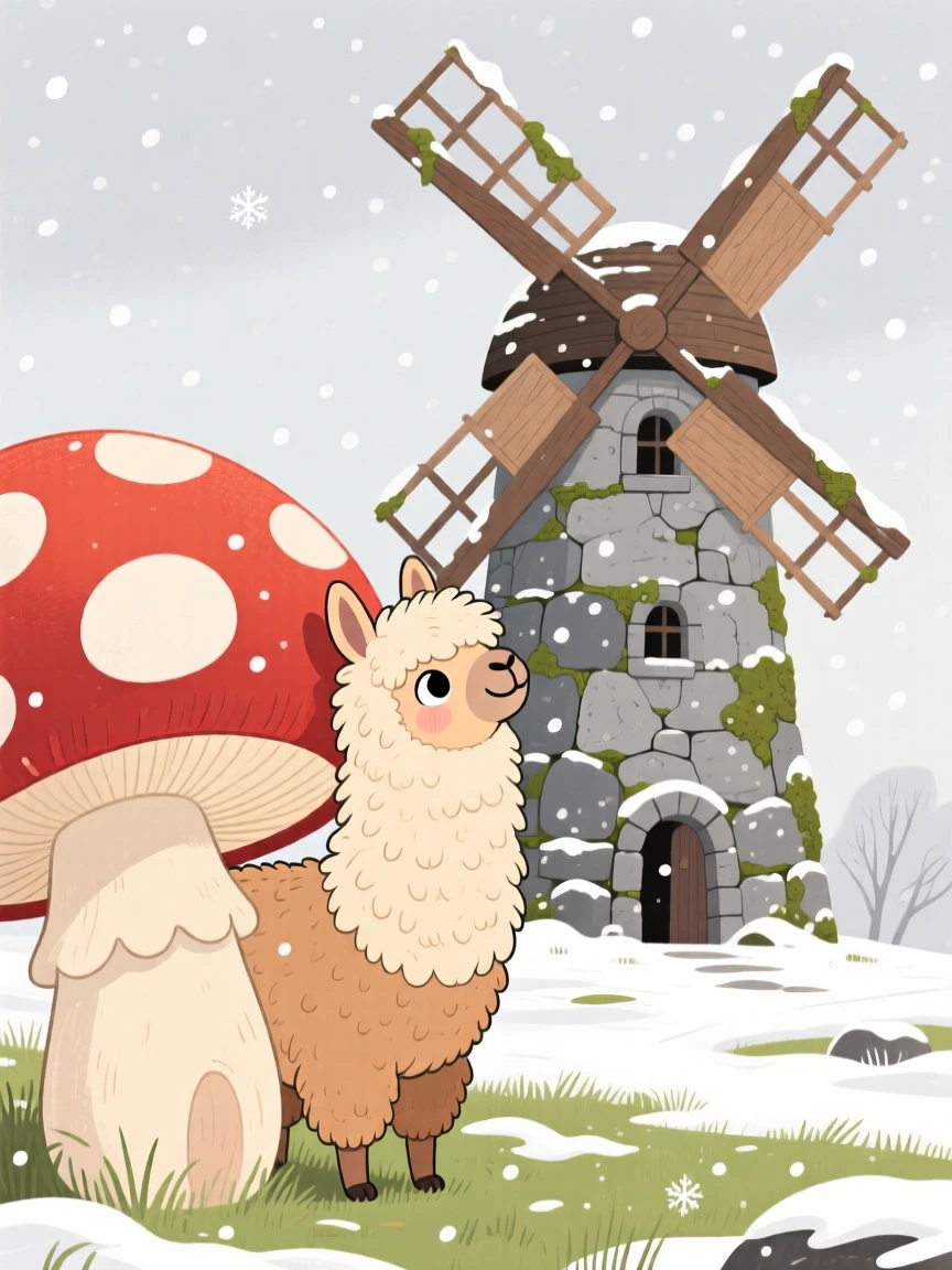 A shaggy alpaca pauses from peeking out from behind a mushroom to look up in an old stone windmill, with the first snowflakes falling softly.