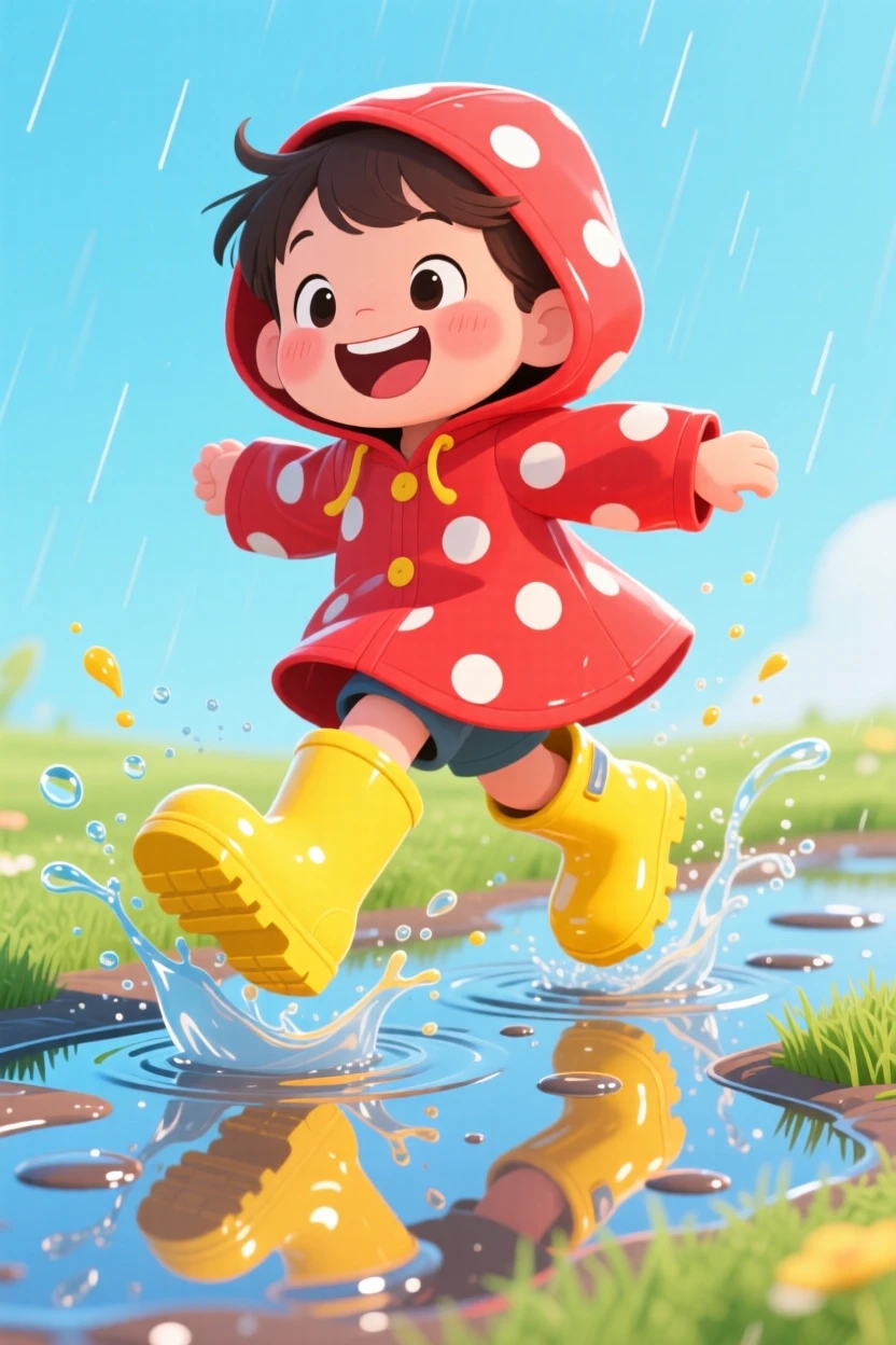 A child in yellow rain boots stomping through a row of puddles.