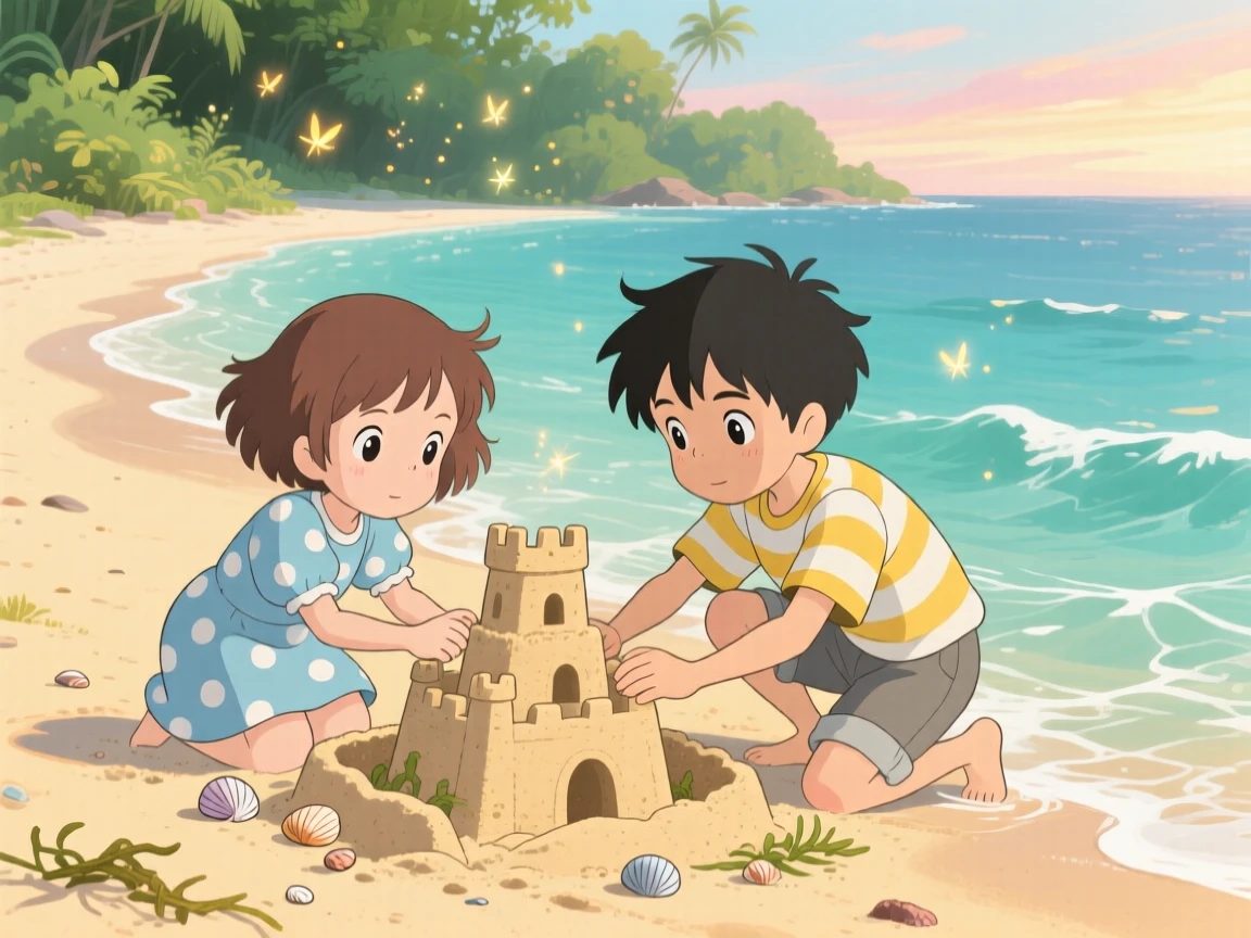 Two kids building a sandcastle at the water's edge, the moment bursting with curiosity.