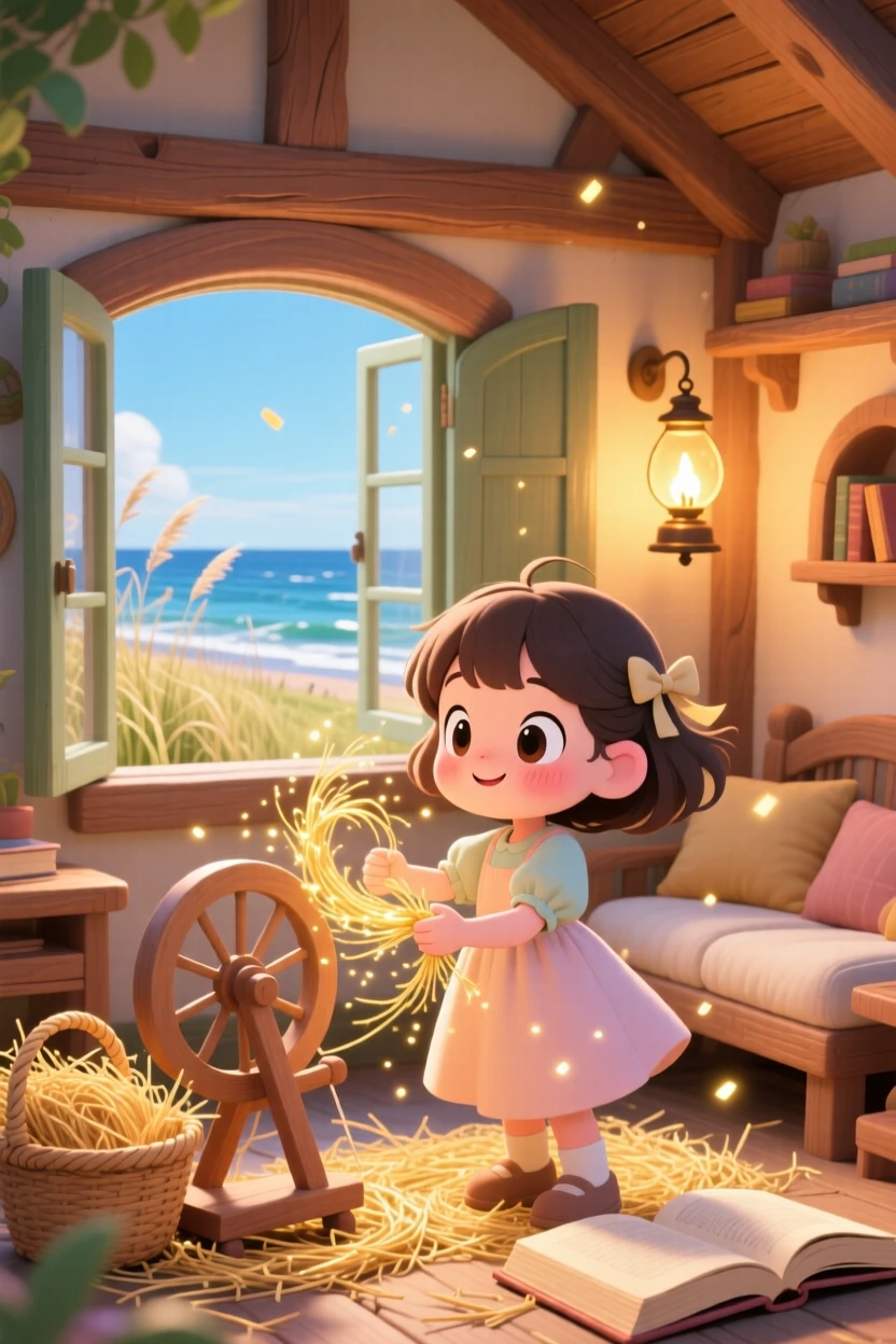 In a cozy storybook cottage room, a young girl is spinning straw that sparkles like gold on a breezy coastal afternoon, bathed in warm lamplight, expression full of eager anticipation. Shot as an over-the-shoulder view.