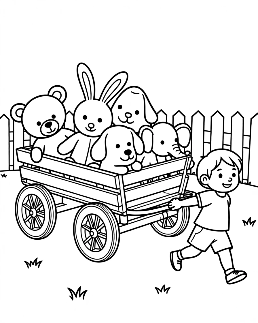 A wagon full of stuffed animals being pulled through a yard