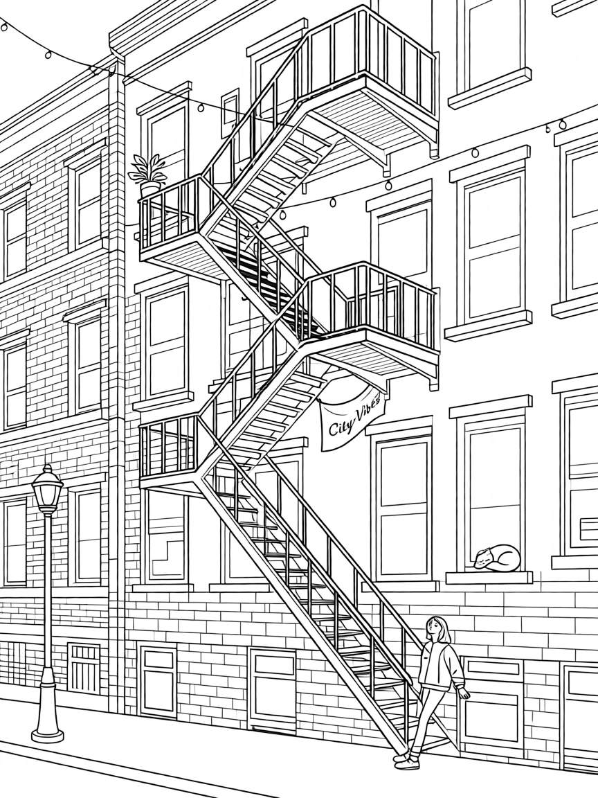 A fire escape staircase zigzagging up a brick apartment building, with string lights strung between old buildings.