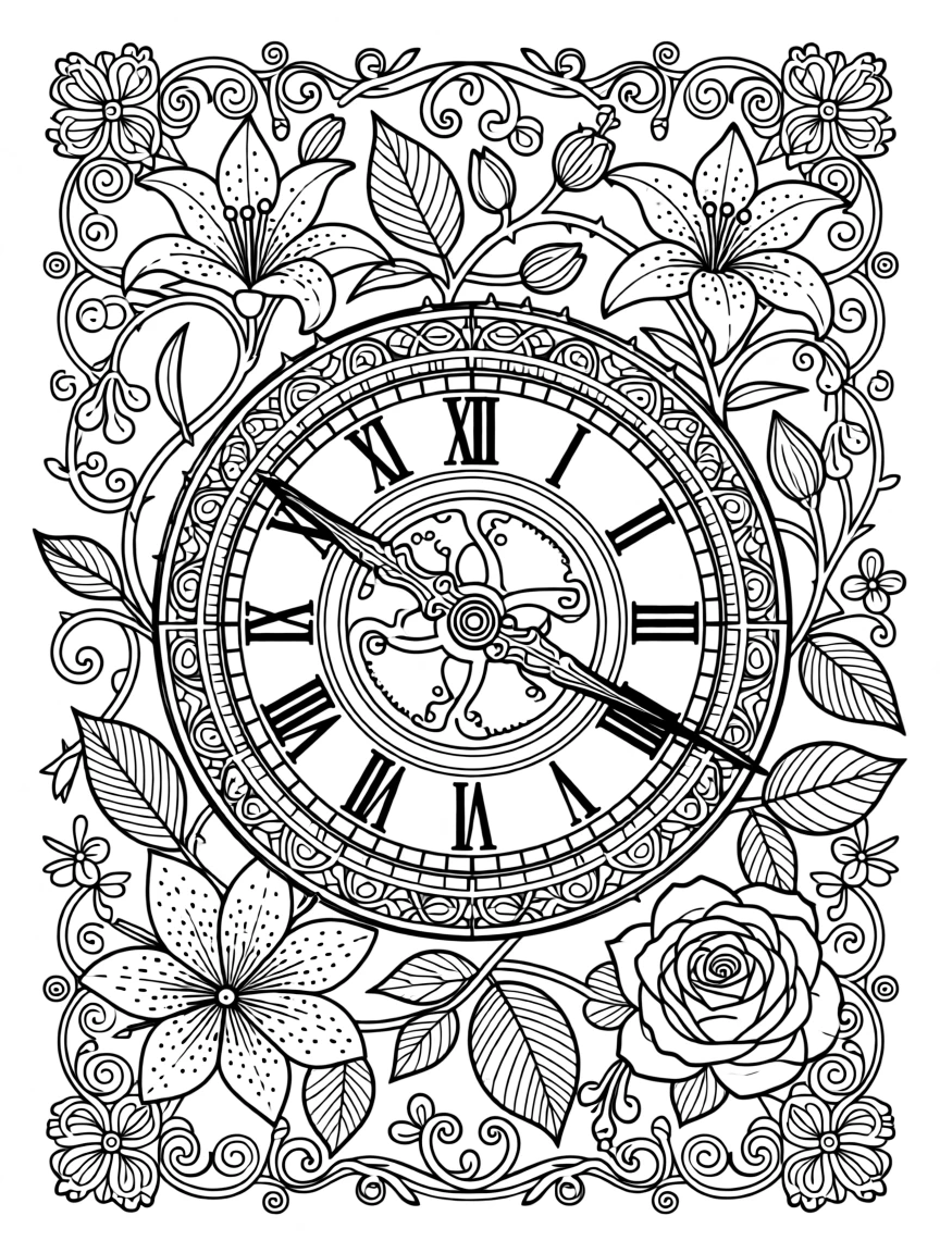A vintage clock with vines and flowers growing through its gears.