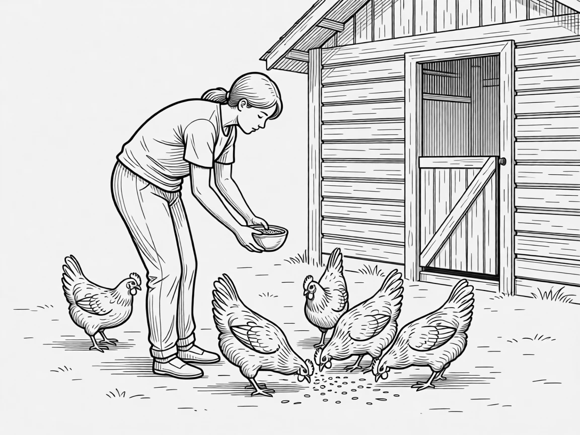 A person feeding chickens in a backyard coop