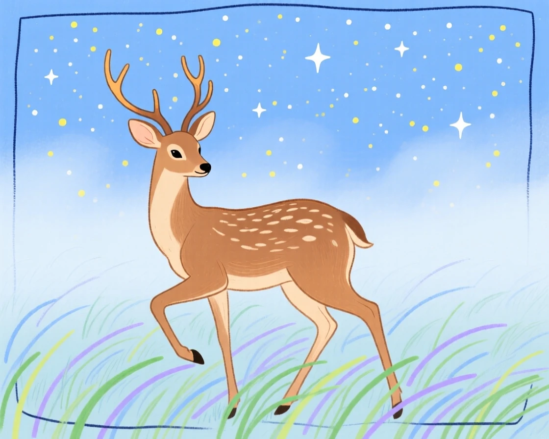 A gentle deer playing in a misty morning field under a clear starry sky.