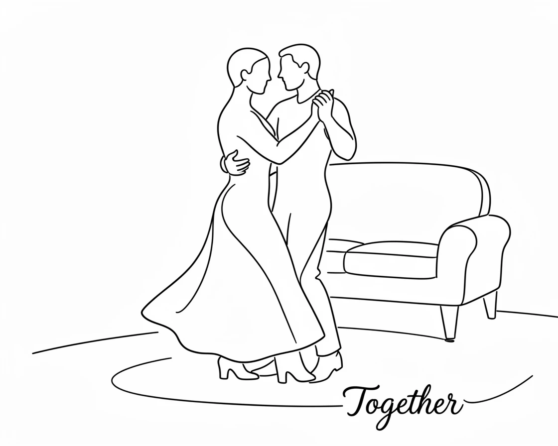 A couple slow dancing in their living room during a quiet evening