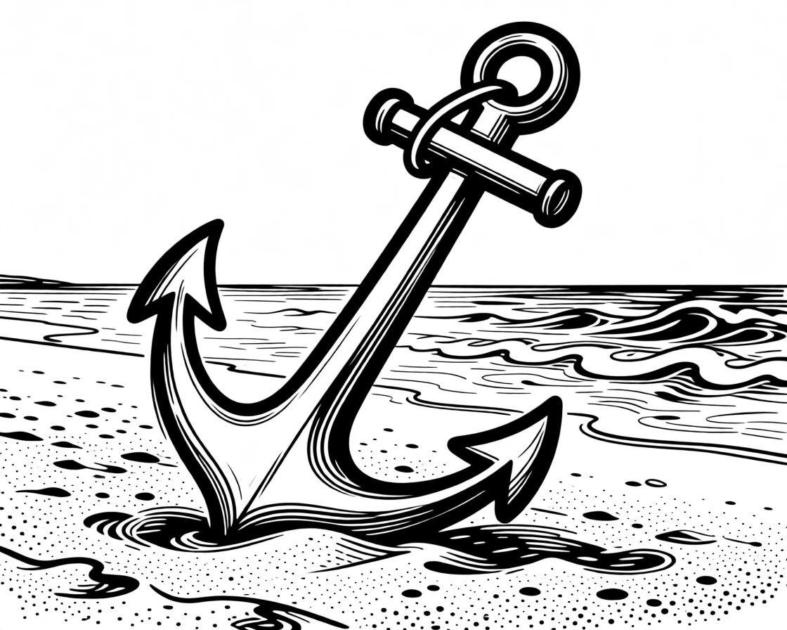 A single anchor resting on a sandy shore beside gentle waves.