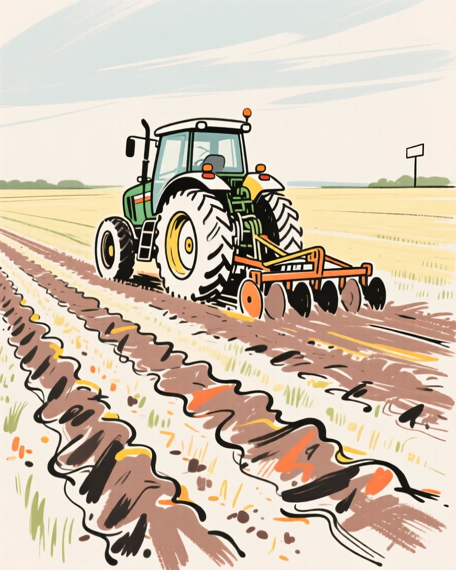 A tractor plowing straight furrows across a wide open field.