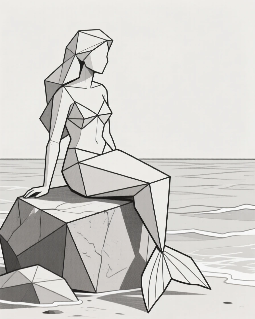 A mermaid sitting on a rock by the ocean