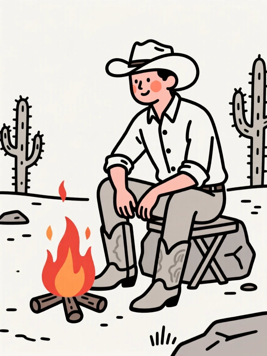 A cowboy at a desert campfire, exuding gentle warmth.