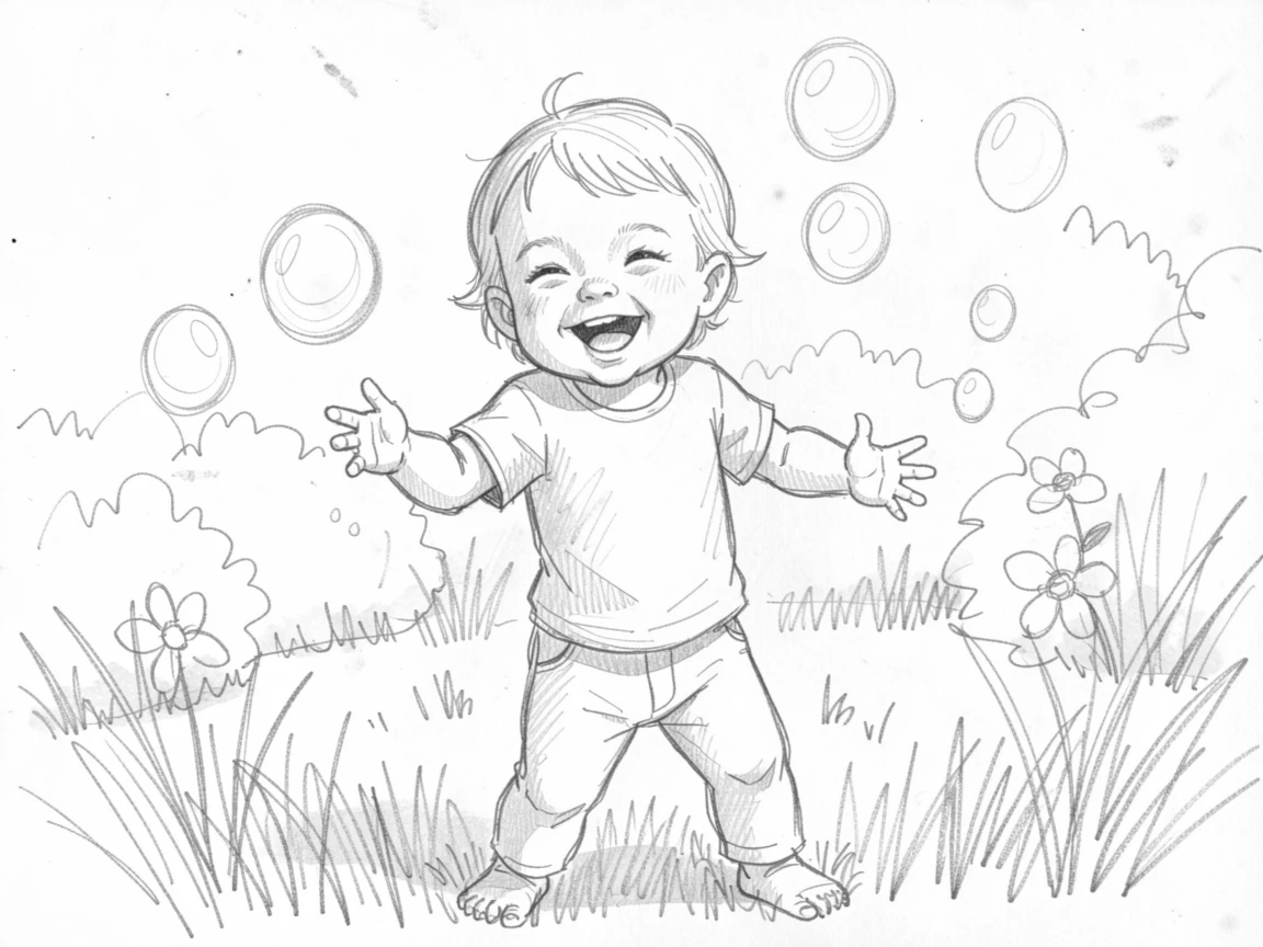 A toddler giggling while chasing bubbles, in a sunlit garden, radiating pure innocent charm.