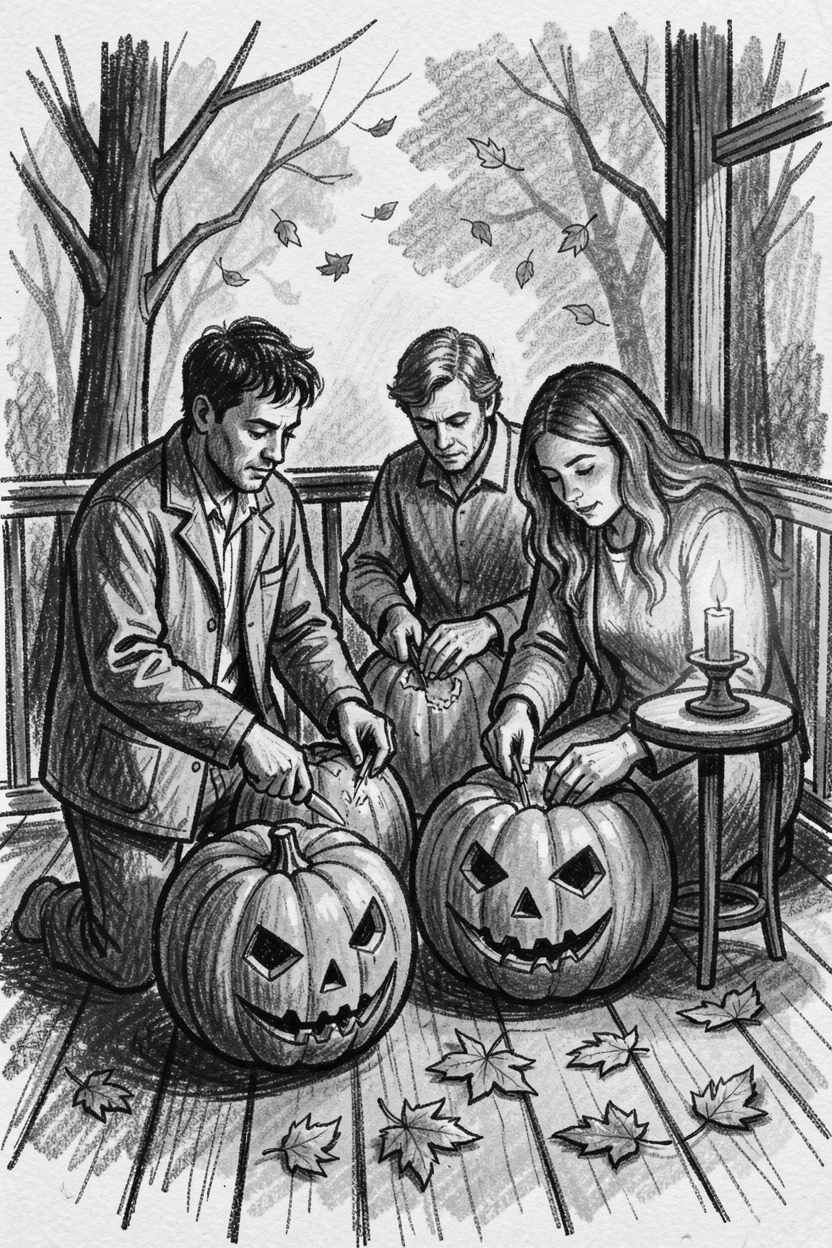 A family carving pumpkins on a porch in autumn, as soft candlelight flickers nearby.