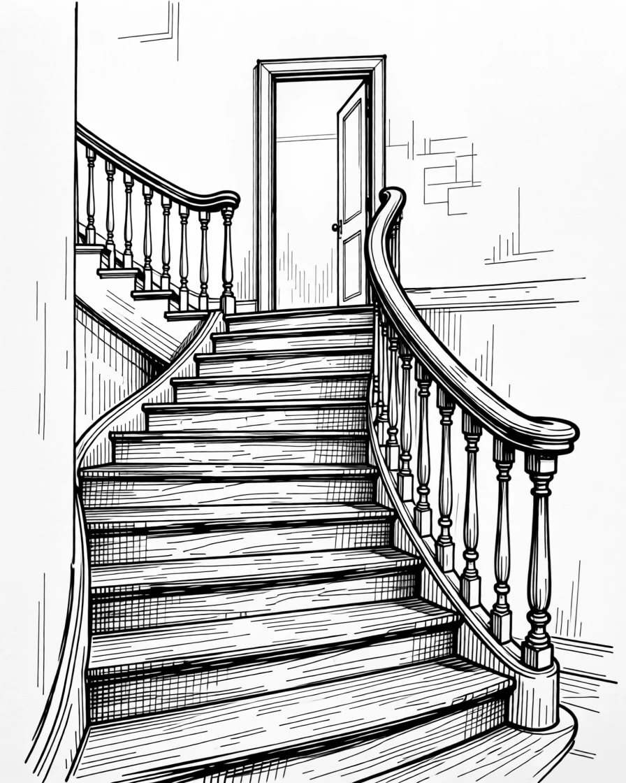 A winding staircase bathed in warm light, ascending toward an open door.