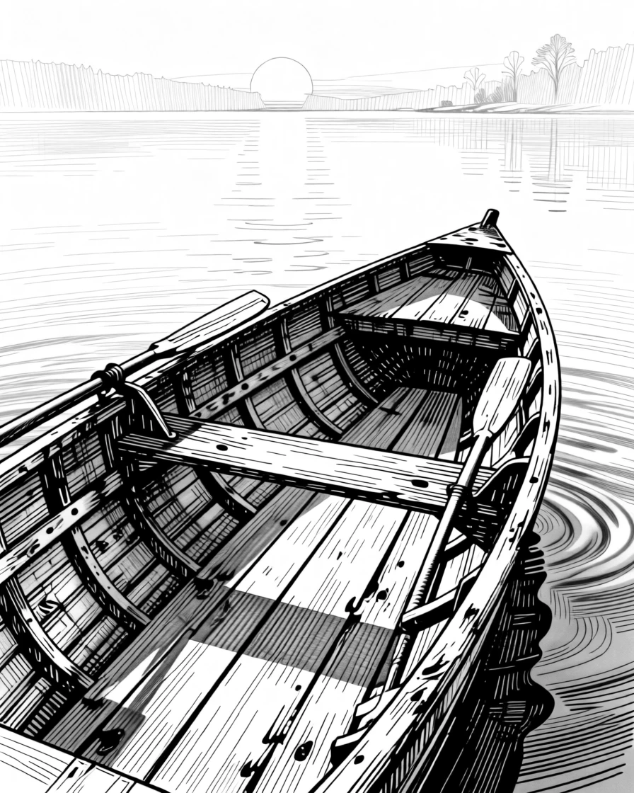 A small boat drifting on a calm lake at dawn as the last light of day fades gently away, with soft shadows stretching across worn wooden floors, evoking a simply content sense of calm.