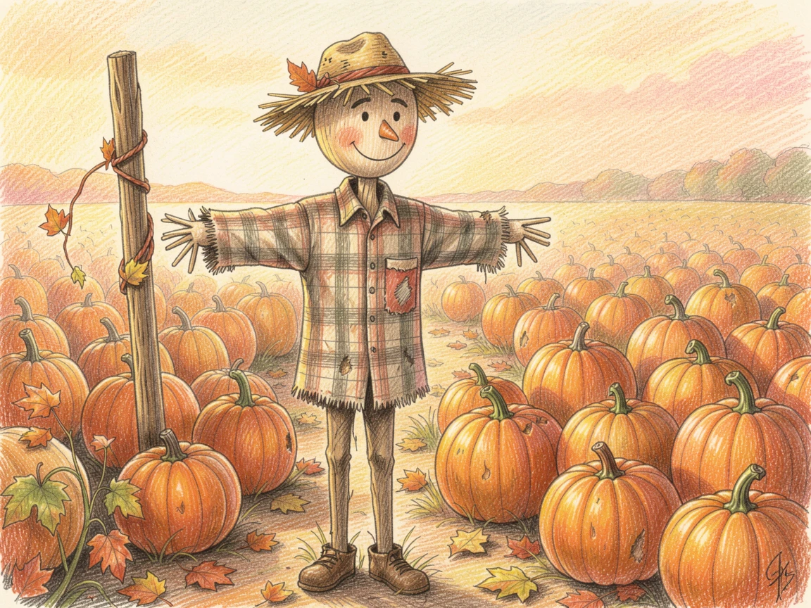A rustic countryside scarecrow watching over a pumpkin patch, bathed in the warm glow of golden-hour light, evoking nostalgia and a deep sense of contentment.