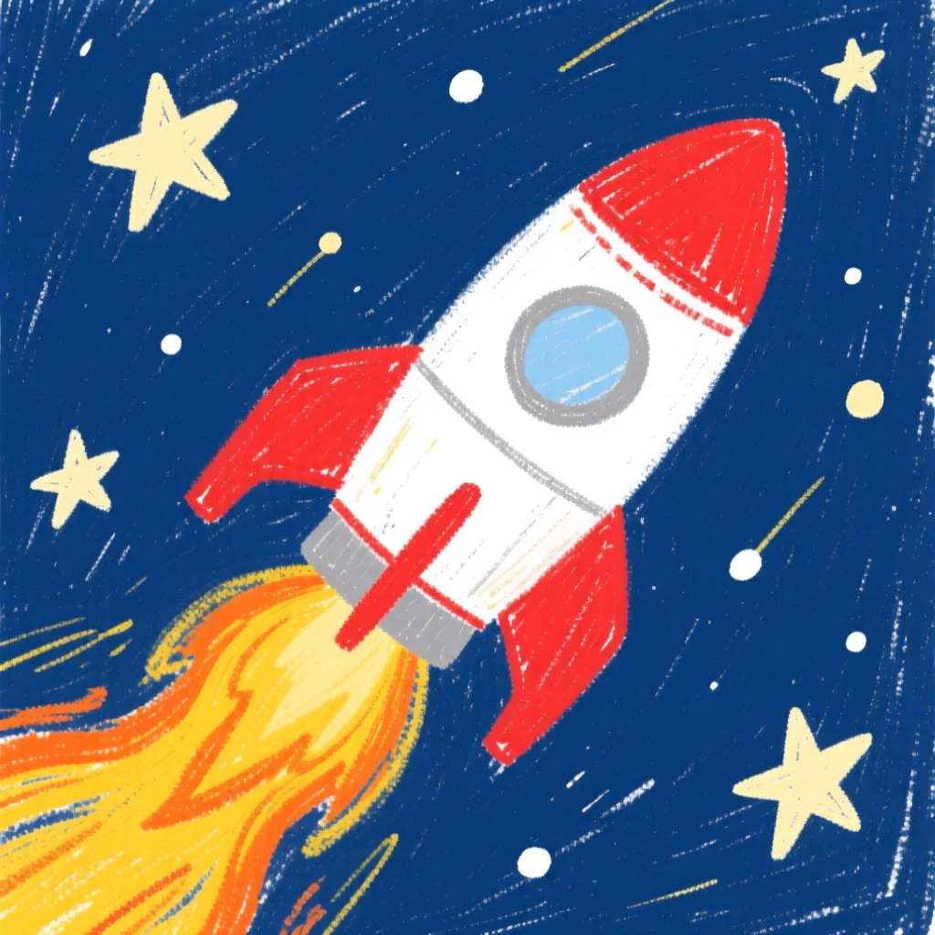 A rocket launching into a starlit sky trailing golden fire.