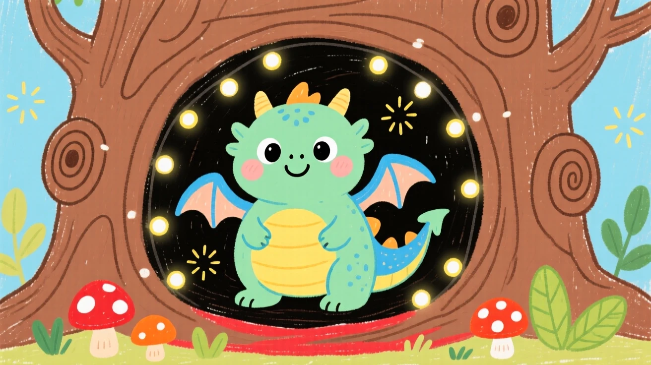 A gentle baby dragon with tiny wings inside a hollow tree filled with twinkling lights.