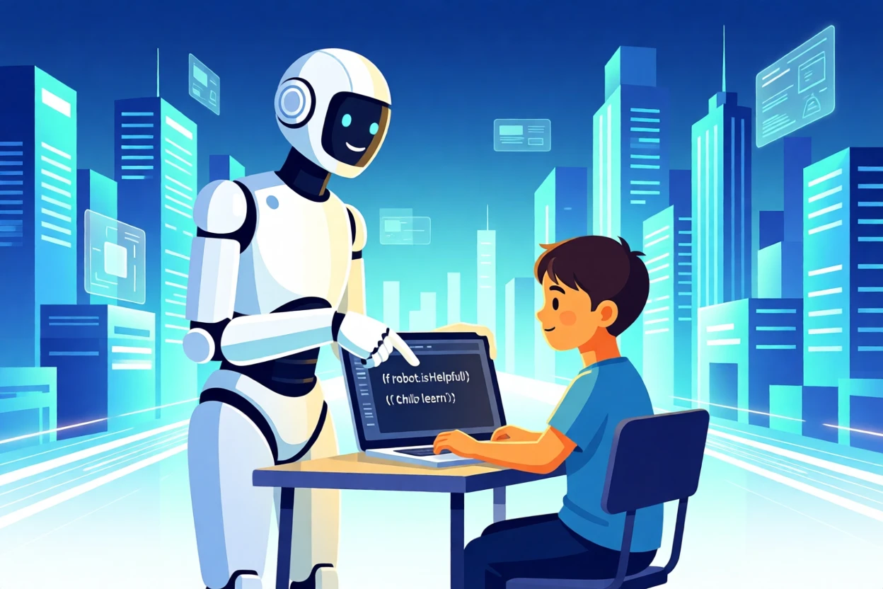 A robot teacher helping a child with a coding puzzle, surrounded by a glowing futuristic cityscape, composed with clean lines and a modern minimalist balance, with a subtle sense of wonder about future possibilities.