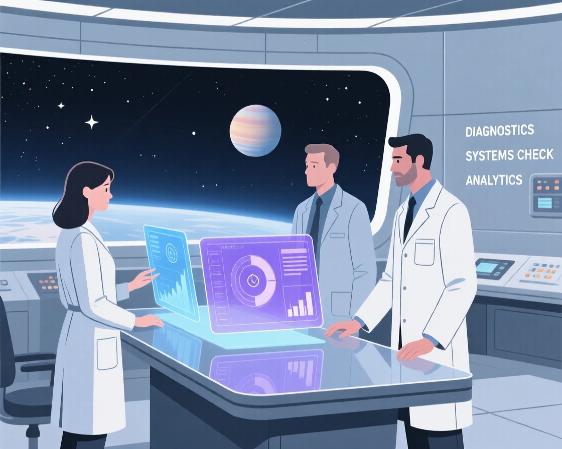 A research team running diagnostics in a space observation deck.