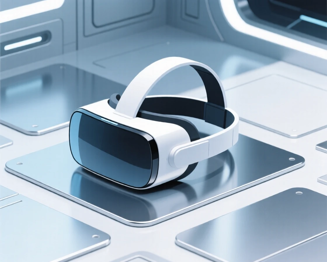 A view of virtual reality headset setup operating within a research space station, near sleek metallic surfaces, evoking calm technological harmony.