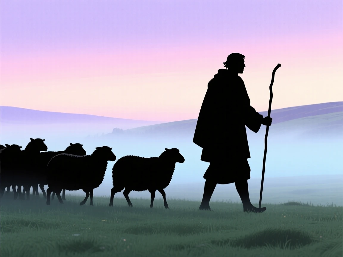 A lone shepherd guiding a flock of sheep across a misty highland field.