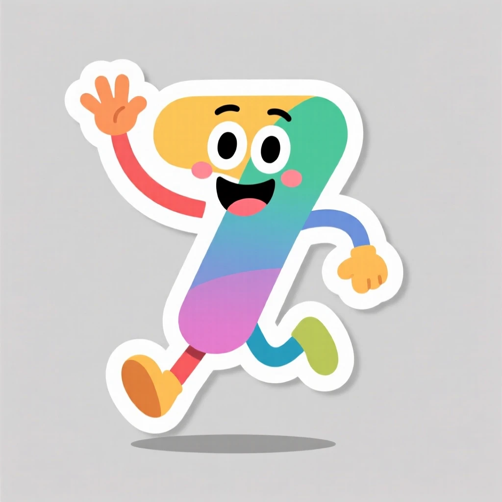 A fun and approachable cheerful number 7 jumping with excitement, waving hello with excitement, made for curious young minds.