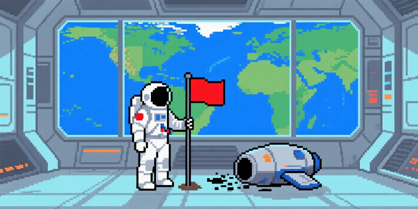 A lone astronaut planting a flag resting beside a crashed but harmless spacecraft, inside a space station overlooking Earth.