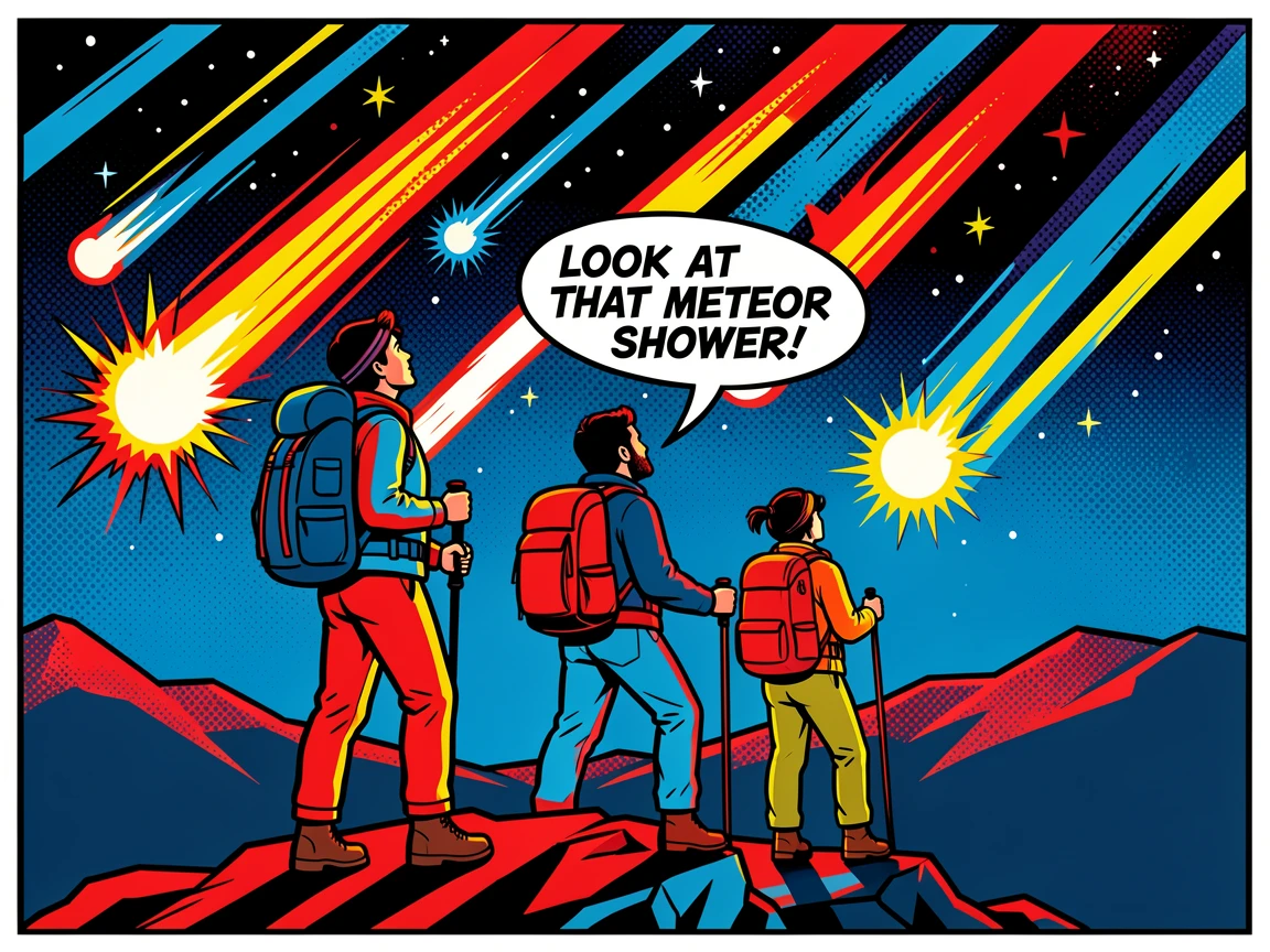 Hikers watching a meteor shower from a remote ridge