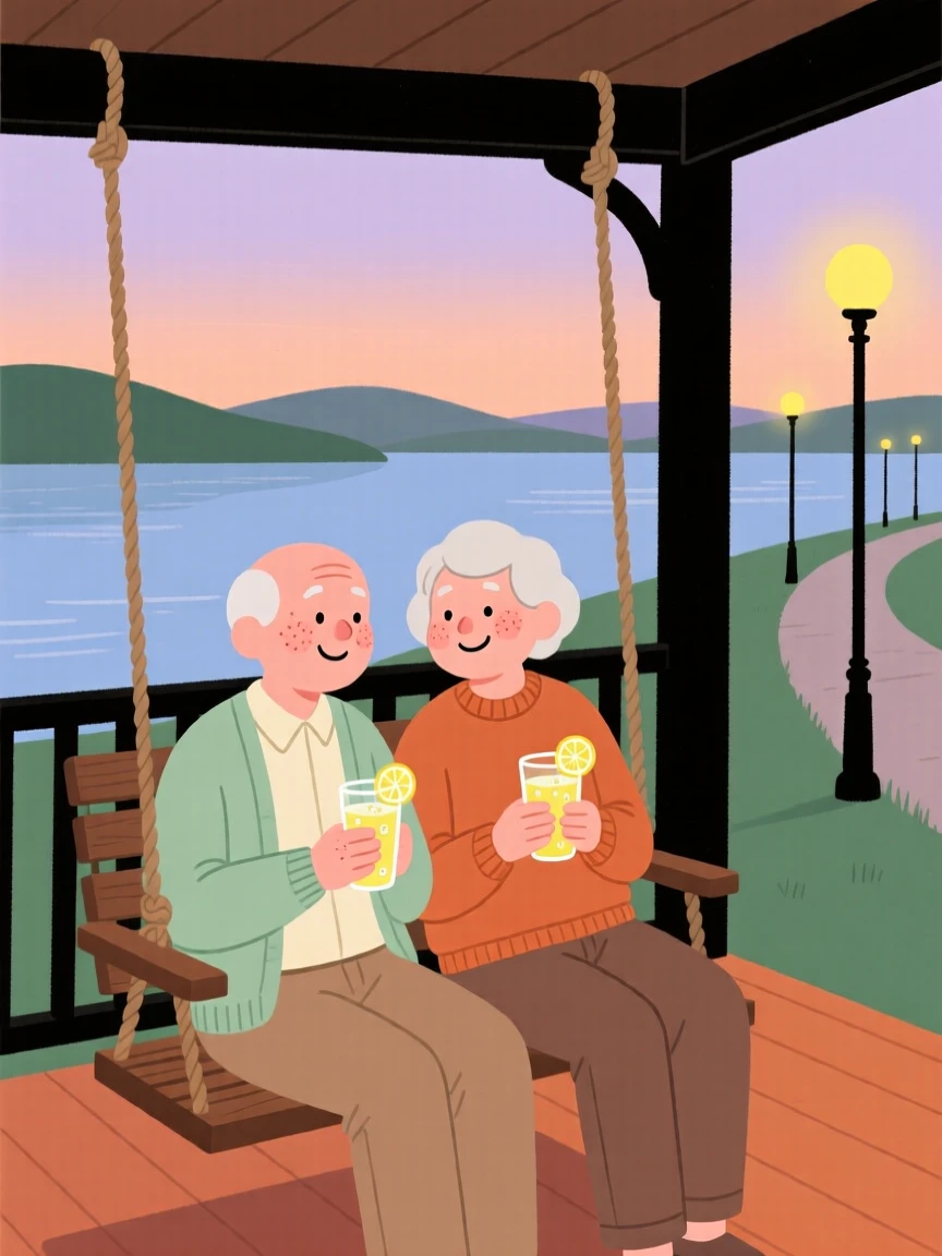 Two old friends sit on a porch swing overlooking the quiet lake, sharing glasses of lemonade and easy laughter as the streetlights flicker on one by one.