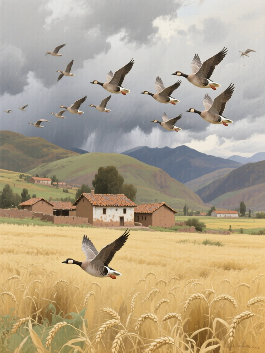 A panoramic view of a flock of geese flying in formation over a golden wheat field, in a Peruvian Andean village, in the quiet stillness of midwinter, beneath heavy grey storm clouds.