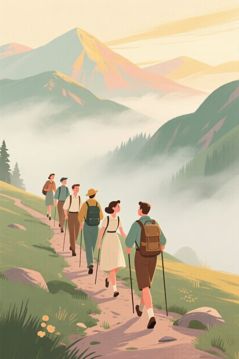A group of hikers following a winding trail through misty mountains