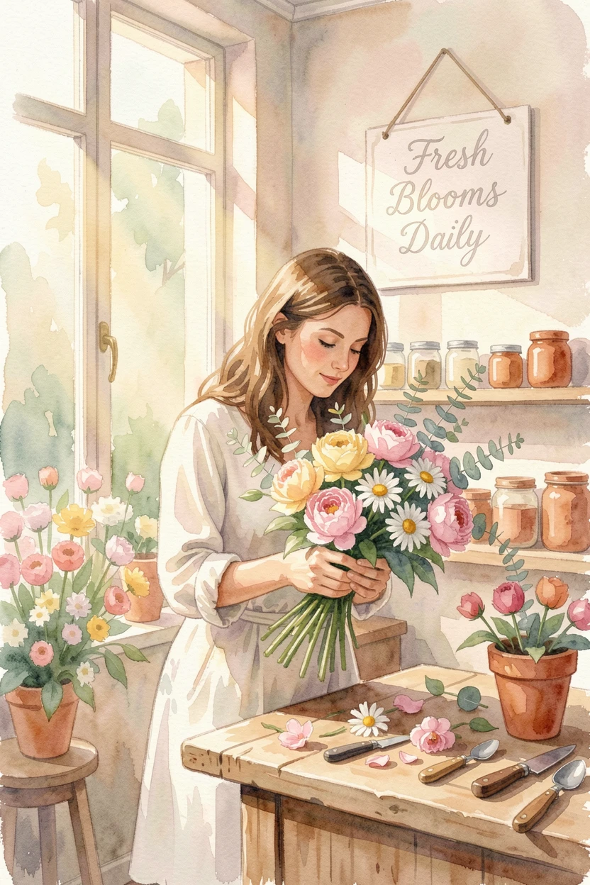 A woman arranging flowers in a small shop with soft natural light illuminating the scene.