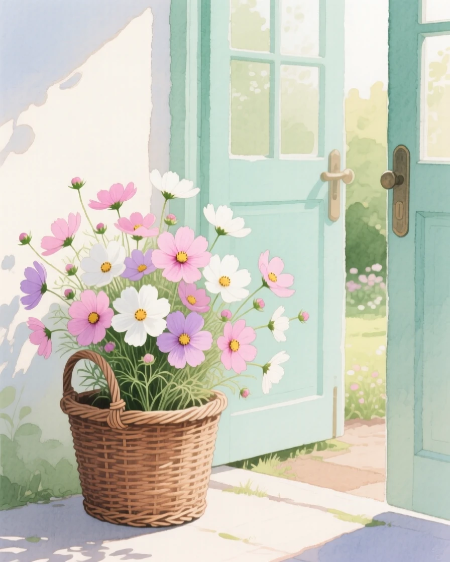 A bouquet of cosmos flowers in soft, layered tones fills a woven wicker basket beside an open garden door, petals catching the gentle light