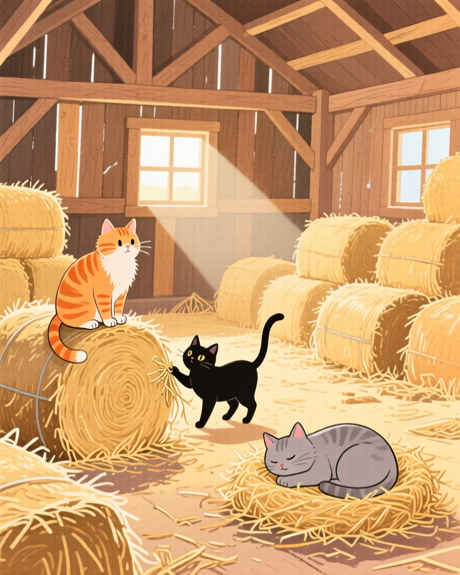 A picturesque view of a barn full of hay bales and curious farm cats.
