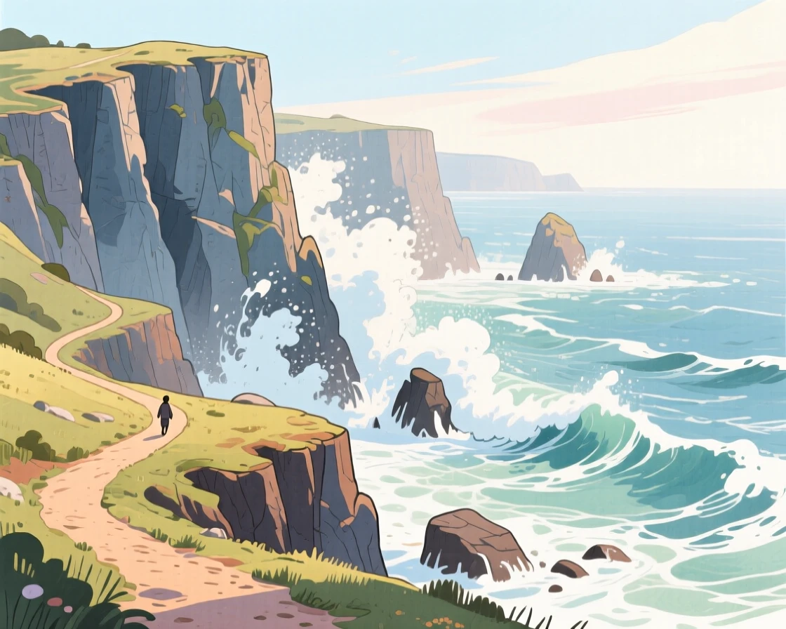 A dramatic coastline with cliffs meeting crashing waves, with a winding dirt path disappearing into the distance, inspiring a sense of calm and wonder.